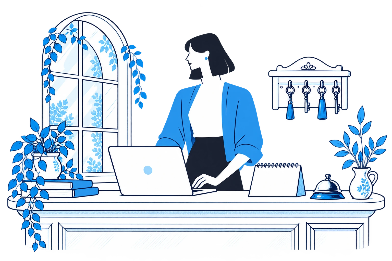 A guesthouse owner working at a laptop behind reception, drawn in navy ink and blue.